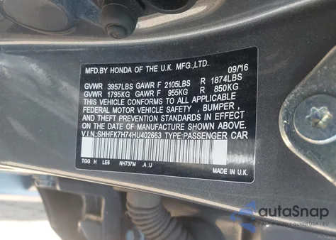 2017 Honda Civic Ex-L из США, поврежденный, VIN SHHFK7H74HU402663